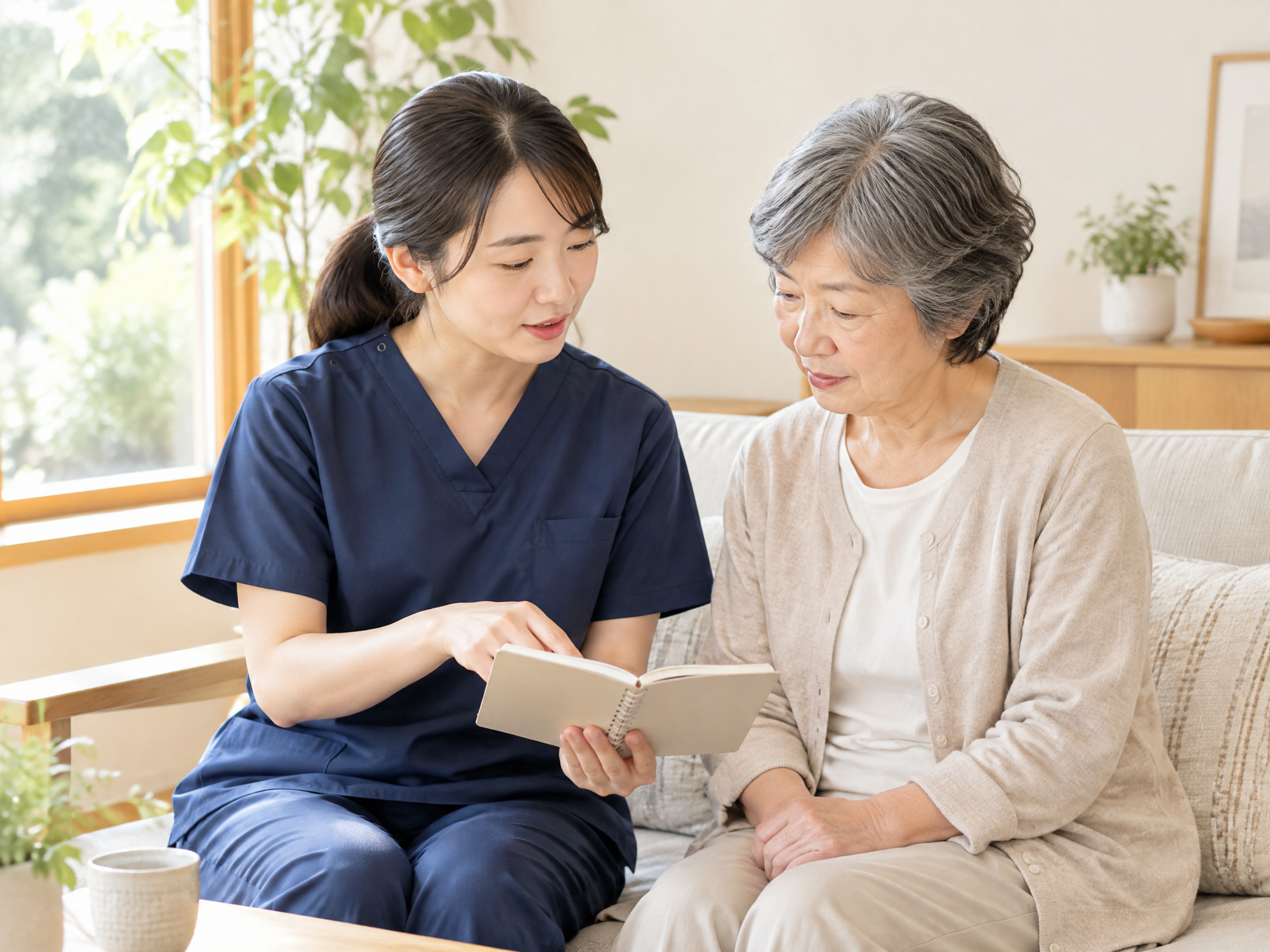 看護師が利用者と自宅でノートを見ながら話すイメージ写真